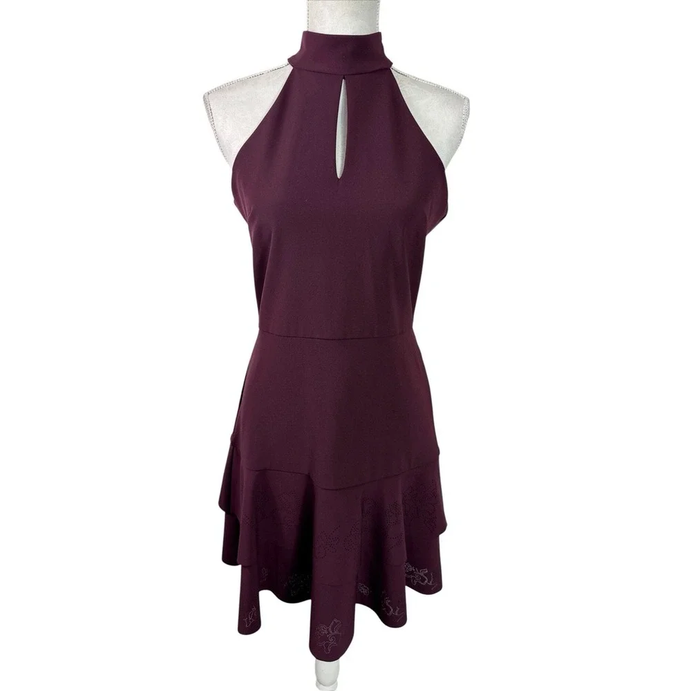 Parker Luana Women's 10 Mini Dress Sleeveless Laser Cut Design Tiered Burgundy E